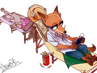 anthro bottomwear cigarette clothing duo electronics eyewear female fur game_console hat headgear headwear male pants reclining shirt sunglasses topwear mtttut_(artist) disney game_boy_advance game_boy_family nintendo zootopia judy_hopps nick_wilde canid canine fox lagomorph leporid mammal rabbit red_fox true_fox 2016 4:3