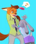 anthro blue_background bottomwear clothed clothing duo eating food fully_clothed fur gloves_(marking) grey_body grey_fur holding_food holding_object markings musical_note musical_symbol necktie orange_body orange_fur pants pawpsicle popsicle reaching shirt simple_background symbol topwear m_it disney zootopia judy_hopps nick_wilde canid canine fox lagomorph leporid mammal rabbit red_fox true_fox 2018 5:6 hi_res