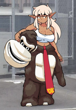 5_fingers big_breasts black_eyebrows breasts brown_body brown_breasts brown_ears brown_skin cleavage clothed clothing collarbone costume crop_top eyebrows female female_humanoid fingers hair humanoid_pointy_ears looking_aside navel not_furry orange_eyes photo_background pointy_ears pupils shirt solo standing tan_hair thick_eyebrows topwear white_clothing white_crop_top white_pupils white_sclera white_topwear genocityzone donkey_kong_(series) nintendo autumn_(genocityzone) donkey_kong_(character) elf humanoid 2025 digital_media_(artwork) mixed_media photography_(artwork)