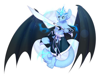 anthro black_sclera black_wings blue_body blue_eyes blue_fur blue_tail cheek_tuft clothed clothing facial_tuft fur holding_melee_weapon holding_object holding_sword holding_weapon looking_at_viewer male melee_weapon membrane_(anatomy) membranous_wings mouth_closed neck_tuft simple_background solo sword tail topless tuft weapon wings bloominglynx species_request absurd_res hi_res signature