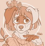anthro autumn blonde_hair clothing female fur hair leaf plant simple_background solo topwear white_body white_fur tigraonly marta_moran canid canine canis domestic_dog mammal pastoral_dog monochrome