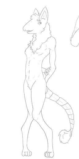 anthro breasts claws digitigrade ear_tuft feet female hair hands_behind_back inner_ear_fluff knock-kneed navel neck_tuft nervous nervous_smile noseless nude null paws prosthetic prosthetic_limb slim small_breasts solo tail tail_tuft toes tuft united_patriots the_nature_of_predators tarva_(the_nature_of_predators) venlil_(the_nature_of_predators) hi_res monochrome