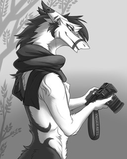 anthro camera claws ear_piercing ear_ring fingerpads fur gradient_background hair male mostly_nude pawpads piercing plant pupils ring_piercing scarf simple_background slit_pupils smile solo tree yaegerarts mammal sergal 4:5 greyscale hi_res monochrome