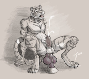 anal_orgasm anthro athletic athletic_anthro athletic_male balls bodily_fluids cum cumshot dildo ejaculation erection eyes_closed front_view genital_fluids genitals hands-free looking_pleasured male male_anthro markings nude open_mouth orgasm penis pink_tongue red_dildo red_penis sex_toy simple_background solo spread_legs spreading striped_arms striped_legs striped_markings striped_tail stripes tail tail_markings tongue tongue_out hufnaar felid mammal pantherine tiger 2022 dated partially_colored