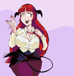 accessory big_breasts black_bottomwear black_bra black_clothing black_lipstick black_skirt black_tail black_underwear black_wings blush blush_lines bottomwear bra breasts cleavage clothed clothing colored_nails eyelashes female front_view hair head_wings huge_breasts legwear lipstick long_hair looking_at_viewer makeup markings mole_(marking) mole_on_breast mole_under_eye nails necktie purple_background purple_clothing purple_legwear red_eyes red_hair red_nails red_necktie simple_background skirt solo spade_tail tail tan_body tan_skin thick_thighs topwear translucent translucent_clothing translucent_topwear underwear unusual_wing_placement white_clothing white_topwear wide_hips wings linaciari touhou koakuma humanoid tailed_humanoid hi_res