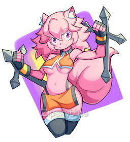 anthro breasts clothing cosplay female fingerless_gloves fur gloves handwear medium_breasts pink_body pink_fur solo tail zipskyblue arc_system_works blazblue hanako_(zipskyblue) makoto_nanaya