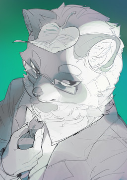 5_fingers anthro clothed clothed_anthro clothed_male clothing eyewear fingers fur glasses green_background grey_eyes hand_on_clothing inner_ear_fluff leaf leaf_on_head light_body light_fur looking_aside male mouth_closed necktie overbite pattern_clothing pince-nez rectangular_glasses simple_background solo striped_clothing stripes suit tuft wearing_glasses white_sclera chiayeeee mammal procyonid raccoon 2024 absurd_res bust_portrait digital_drawing_(artwork) digital_media_(artwork) hi_res portrait