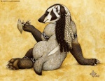 ambiguous_gender anthro biped braided_hair claws feet fungus hair hindpaw looking_at_viewer looking_back mushroom nude paws pose sitting solo tail hkluterman kyoht_luterman american_badger badger mammal mustelid musteline 2003 pinup