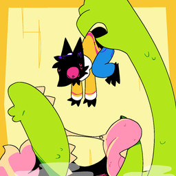 ambiguous_gender ambiguous_pred anthro anthro_pred anthro_prey black_body black_fur bodily_fluids bottomwear clothed clothing duo extreme_size_difference fur gaping_mouth green_body green_scales hair holding_character imminent_oral_vore imminent_vore larger_ambiguous larger_pred looking_down male male/ambiguous male_prey micro micro_in_hand open_mouth pants pinched pink_hair saliva saliva_string scales size_difference smaller_male steam sweat teeth tongue pawplants marcy_(pawplants) veecee alligator alligatorid crocodilian reptile scalie void_fluff 1:1 2023 digital_media_(artwork) hi_res female_(lore)