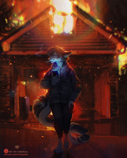 ambiguous_gender anthro detailed_background hair night outside solo standing fossa666 felid leopard mammal pantherine 2020 digital_media_(artwork) hi_res