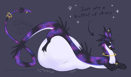 abdominal_bulge ambiguous_gender belly big_belly black_arms black_spots crossed_arms dipstick_tail feral feral_pred grey_background huge_belly markings purple_body purple_tail_tip ring rumbling_stomach simple_background solo spots tail tail_markings text vore white_belly mawnsternomz mythology dragon mythological_creature mythological_scalie scalie 2026 absurd_res english_text hi_res