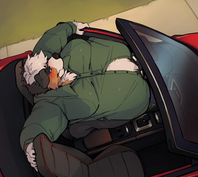anthro belly belly_squish big_belly bird's-eye_view black_body black_fur blush bodily_fluids brown_body brown_fur car claws clothed clothing embarrassed fur high-angle_view inside_car inside_vehicle male moobs obese obese_anthro obese_male overweight overweight_anthro overweight_male shirt sitting solo sports_car squish struggling_to_fit sweat sweatdrop topwear unbuttoned_shirt vehicle weight_gain white_body white_fur zangusuu sam_(thesammon) bernese_mountain_dog canid canine canis domestic_dog mammal molosser mountain_dog swiss_mountain_dog hi_res