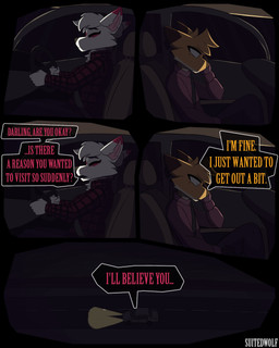 anthro biped black_nose brown_body brown_nose car clothed clothing dark_lighting dialogue driving duo eyes_closed female flannel_shirt fur headlight male markings multicolored_body multicolored_fur pink_clothing pink_markings pink_shirt pink_text pink_topwear road seatbelt shirt sitting sitting_on_car text topwear vehicle white_body yellow_text suitedwolfie balthy_(suitedwolfie) canid canine fox mammal red_fox true_fox 4:5 comic english_text hi_res watermark mother_(lore) mother_and_child_(lore) mother_and_son_(lore) parent_(lore) parent_and_child_(lore) parent_and_son_(lore) son_(lore)