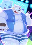 anthro belly bottomwear clothed clothing fur humanoid_hands japanese_idol kemono male moobs one_eye_closed open_clothing open_shirt open_topwear overweight overweight_anthro overweight_male shirt shorts solo topwear white_body white_fur wink hisashiyo_0705 utau shirane_kan bear mammal polar_bear ursine 2020