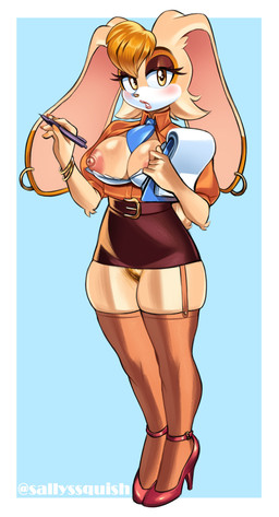 anthro areola belt big_ears blue_background blue_necktie blush border bottomwear bra bracelet breasts brown_bottomwear brown_clothing brown_eyeshadow brown_legwear brown_nose brown_skirt brown_stockings clothed clothing dipstick_ears ear_markings ear_piercing ear_ring exposed_breasts eyelashes female floppy_ears footwear front_view fur genitals glistening glistening_areola glistening_breasts glistening_eyeshadow glistening_nipples head_tuft high_heels holding_note_pad holding_object holding_pen jewelry legwear lipstick long_ears looking_at_viewer lop_ears makeup multicolored_ears necktie necktie_between_breasts nipples no_underwear orange_clothing orange_topwear pen piercing pink_lipstick pubes red_clothing red_footwear red_shoes ring_piercing secretary shoes simple_background skirt solo stockings thick_thighs thigh_highs topwear tuft underwear vulva white_body white_border white_bra white_clothing white_fur white_underwear wide_hips yellow_eyes squish_(artist) sega sonic_the_hedgehog_(series) vanilla_the_rabbit lagomorph leporid mammal rabbit absurd_res hi_res