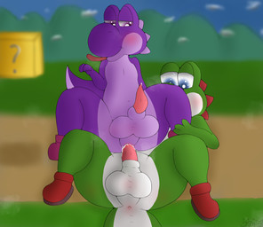 ?_block anal anal_penetration anthro anus balls blush clothing duo erection footwear genitals looking_pleasured male male/male naughty_face on_bottom on_top outside penetration penile penile_penetration penis penis_in_ass public reverse_cowgirl_position sex shoes trippybunny mario_bros nintendo oliver_(trippybunny) dinosaur green_yoshi prehistoric_species purple_yoshi reptile scalie yoshi 2026 digital_media_(artwork) hi_res