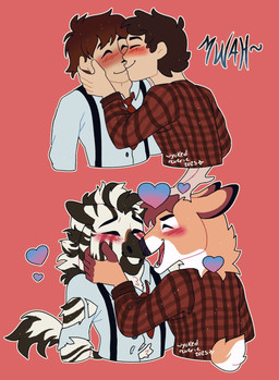 after_transformation antlers blush clothing eyes_closed happy heart_symbol hearts_around_head horn hug human_to_anthro interspecies kissing looking_at_another male male/male pattern_clothing pattern_shirt pattern_topwear pink_background plaid plaid_clothing plaid_shirt plaid_topwear romantic romantic_couple shirt simple_background smile species_transformation suspenders topwear torn_clothing torn_topwear transformation dashing deer equid equine human mammal zebra digital_media_(artwork) hi_res