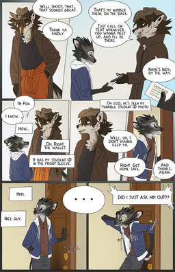 against_door against_surface anthro biped black_nose brown_body brown_eyes brown_fur business_card cheek_tuft closing_door clothed clothed_anthro clothing dialogue door doorway duo facial_tuft fluffy fluffy_tail fur grey_body grey_fur hat head_tuft headgear headwear inner_monologue inside male pointy_ears prick_ears speech_bubble tail tan_body tan_fur text text_box thinking tuft tusks yellow_sclera falco_works indy_(justroadkill) pen_(falco_works) canid canine canis cervine coyote deer mammal tufted_deer 2023 comic digital_media_(artwork) english_text hi_res multiple_scenes