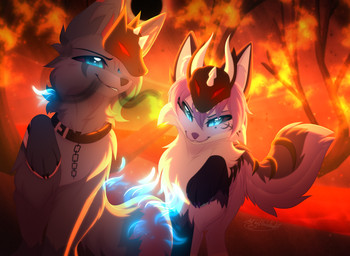 burning clothing duo female feral fire glowing glowing_eyes hat headgear headwear horn male smoke elisawind marc_(smar7) obyzuth_(smar7) canid canine canis fox hellfox mammal wolf hi_res