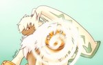 anthro clothed clothing fluffy_chest fur long_ears looking_at_viewer male orange_eyes ponytail_ears smile solo topless yellow_body yellow_fur gekkart bandai_namco digimon digimon_ghost_game digimon_(species) lagomorph leporid mammal rabbit symbareangoramon hi_res