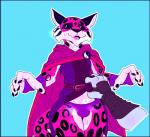 anthro belt bodily_fluids claws cloak clothed clothing disembodied_hand duo fur gloves handwear male markings solo_focus spots spotted_body spotted_fur submissive sweat teeth underwear fluffydonuts activision spyro_the_dragon the_legend_of_spyro hunter_(spyro) cheetah felid feline mammal hi_res