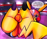 bulge butt clothing cosplay_pikachu_(costume) dialogue fighting_ring genitals male mask presenting solo sports_mask sportswear taunting text underwear wrestling_briefs wrestling_mask tepigfan101 nintendo pokemon pikachu_libre generation_1_pokemon pikachu pokemon_(species) absurd_res english_text hi_res