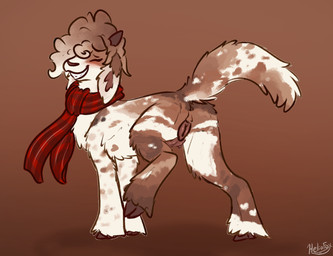 animal_genitalia animal_vulva blush butt caprine_genitalia caprine_teats caprine_udders caprine_vulva embarrassed female feral fluffy fur genitals nipples presenting presenting_hindquarters quadruped raised_leg scarf simple_background smile solo tail teats udders vulva wool_(fur) conditional_dnp heliofox latte_(heliofox) bovid caprine mammal sheep digital_media_(artwork)