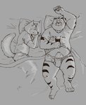 anthro bedding belly blanket clothing duo lying male overweight overweight_male pillow sleeping underwear professor_fluff canid canine felid mammal pantherine tiger 2020 absurd_res hi_res