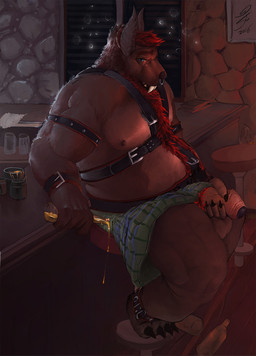 alcohol anthro balls bar beer belt beverage biped black_nose blue_eyes body_hair bottle bottomwear chest_hair claws clothed clothing container drunk erection facial_piercing fangs foreskin genitals hair happy_trail harness holding_bottle holding_container holding_object holding_penis horn humanoid_genitalia humanoid_penis kilt leather male masturbation musclegut muscular muscular_anthro muscular_male nipples nose_piercing nose_ring overweight overweight_anthro overweight_male penile penile_masturbation penis piercing pubes public public_erection public_masturbation red_hair ring_piercing septum_piercing sitting solo substance_intoxication teeth toe_claws zomacaius bovid bovine demon mammal