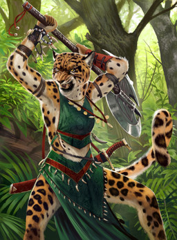 5_fingers angry anthro axe brown_body brown_fur clothing fangs female fingers forest fur green_clothing holding_axe holding_object leaf markings melee_weapon open_mouth outside plant scabbard shrub solo spots spotted_body sword tail teeth tree weapon ben_wootten hasbro magic:_the_gathering wizards_of_the_coast felid mammal 2024 hi_res official_art