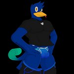 1:1 alpha_channel anthro avian balls beak bird blue_briefs blue_clothing blue_underwear bottomwear bottomwear_down briefs bulge clothed clothing clothing_lift colored_seam_underwear conditional_dnp genitals hair male muscular muscular_anthro muscular_male notkastar notska_(character) pants pants_down partially_clothed pecs presenting shirt shirt_lift smile solo text tongue tongue_out topwear underwear white_seam_underwear
