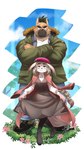 anthro braided_hair brown_body brown_fur brown_hair clothed clothing crossed_arms dress duo eyebrows female fur hair pink_body pink_fur scar thick_eyebrows chuurow lifewonders tokyo_afterschool_summoners tanetomo_(tas) yasuyori_(tas) canid canine canis domestic_dog mammal hi_res male_(lore)