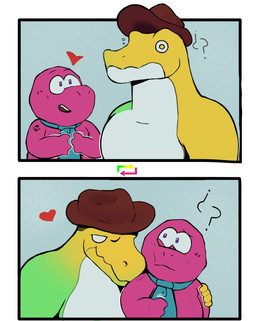 anthro border candy clothing cowboy_hat dessert duo food hat headgear headwear male male/male multicolored_body pink_body question_mark ship vehicle watercraft white_border axelhot gameoverse glitch_productions the_amazing_digital_circus gobbles_(gameoverse) gummigoo_(tadc) alligatorid crocodilian dinosaur food_creature living_candy prehistoric_species reptile scalie absurd_res crossover hi_res