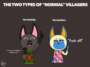 annoyed anthro cheering duo female gesture hand_gesture looking_at_viewer middle_finger profanity supporting thumbs_up crazoticmadness animal_crossing nintendo kiki_(animal_crossing) mitzi_(animal_crossing) domestic_cat felid feline felis mammal
