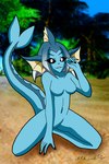 anthro beach black_sclera blue_body blue_hair breasts featureless_breasts featureless_crotch female hair looking_at_viewer membrane_(anatomy) navel nude palm_tree plant seaside smile solo tree white_eyes nikku_lunatique nintendo pokemon eeveelution generation_1_pokemon pokemon_(species) vaporeon hi_res