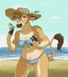 anthro beach belly big_hat bikini clothing curvy_figure ear_piercing ear_ring female flower hat headgear headwear outside piercing plant ring_piercing seaside slightly_chubby solo sun_hat swimwear two-piece_swimsuit ugly-dog jacqueline_(nicnak044) bovid bovine cattle jersey_cattle mammal