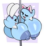 areola big_breasts black_eyes blue_areola blue_body blue_nipples breasts cuff_links duo fake_cat_ears fake_ears fake_rabbit_ears female heart_symbol huge_breasts hyper hyper_breasts looking_at_viewer looking_back nipples not_furry one_eye_closed pole stripper_pole wink virito mario_bros nintendo lahla_(mario) peeka_(mario) boo_(mario) ghost spirit 2025 absurd_res digital_media_(artwork) hi_res sibling_(lore) sister_(lore) sisters_(lore) twins_(lore)