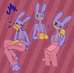 4_fingers anthro arms_bent barefoot black_eyes button_(fastener) clothed clothed_anthro clothed_male clothing feet fingers fur gesture gloves hand_gesture handwear laugh long_ears looking_at_viewer male male_anthro noseless overalls pattern_background pink_clothing pink_overalls pockets pointing pointing_down purple_body purple_fur purple_tail question_mark red_background scut_tail shirtless_anthro short_tail simple_background sitting smile smiling_at_viewer solo striped_background tail teeth text thin_eyebrows toothy_grin yellow_clothing yellow_gloves yellow_handwear yellow_sclera yellow_teeth critterzone13 glitch_productions the_amazing_digital_circus jax_(tadc) lagomorph leporid mammal rabbit 2023 character_name digital_drawing_(artwork) digital_media_(artwork) english_description flat_colors multiple_scenes