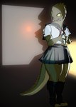 anthro asian_clothing bottomwear clothing countershading east_asian_clothing female japanese_clothing japanese_school_uniform light pleated_skirt projector projector_screen school school_uniform serafuku skirt solo uniform yellow_eyes greenpolygon reptile scalie absurd_res hi_res