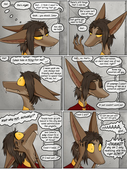 anthro brown_body brown_fur brown_hair clothed clothed_anthro clothing dialogue dysphoria eavesdropping eyes_closed female fingerpads fur hair hand_on_head house_ivenmoth_uniform inside looking_down offscreen_character pawpads pupils red_clothing regret sad shelltooth shocked simple_background slit_pupils solo species_dysphoria speech_bubble surprised text thought_bubble unrequited_love wide_eyed yellow_eyes valsalia out-of-placers kassen_akoll mammal yinglet 2026 comic digital_media_(artwork) english_text letterbox