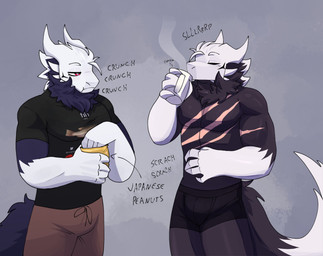 anthro arm_scar beverage black_clothing black_shirt black_topwear bottomwear boxers_(clothing) clothing coffee coffee_mug container cup drinking duo eating eating_food facial_markings head_markings head_tuft male markings mug multicolored_body muscular muscular_anthro muscular_male neck_tuft red_eyes scar scars_on_chest scratching shirt shorts sound_effects square_crossover tail text topwear tuft underwear dragonskyller mythology skyller dragon mythological_creature mythological_scalie scalie digital_drawing_(artwork) digital_media_(artwork) english_text hi_res shaded