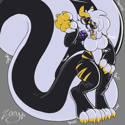 2_horns anthro big_breasts big_tail black_body black_latex black_sclera breasts collar digitigrade eyeshadow featureless_breasts female hair horn huge_tail latex latex_body makeup markings multicolored_body pawpads purple_eyeshadow purple_markings solo tail thick_thighs white_body white_eyes white_hair white_latex wide_hips yellow_body yellow_eyes yellow_latex yellow_pawpads kippz zoey_(kippz) latex_creature mammal mephitid skunk 1:1 2025 digital_drawing_(artwork) digital_media_(artwork) hi_res