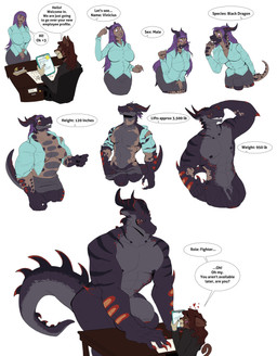 abs anthro balls balls_on_surface balls_on_table bedroom_eyes biceps big_balls big_breasts big_muscles big_pecs big_penis black_body blush body_size_growth boss_and_employee breasts brown_body brown_fur bulge class_change claw_growth claws clipboard clothing collared_shirt covering covering_face desk dialogue dress_shirt duo eight_frame_image expansion exposed_breasts female flexing flexing_bicep ftm_transformation fur furniture gender_transformation genital_expansion genital_growth genitals greeting grinning_at_partner growth hair hand_on_table hands_on_table heart_symbol horn horn_growth humanoid_genitalia humanoid_penis identity_death interview leaning leaning_forward male male/male markings masculinization multi_frame_sequence multicolored_body muscle_growth muscular muscular_anthro muscular_male narrowed_eyes nipples nude nude_anthro nude_male office pecs pecs_growth penis penis_expansion penis_growth personality_change pose purple_hair reality_shift red_spots red_stripes scale_growth scales seductive shirt sitting size_difference size_transformation species_transformation spines spots stripes suit table tail tail_growth text tight_clothing topwear torn_clothing transformation transformation_sequence jamesalesto mythology dragon felid human mammal mythological_creature mythological_scalie scalie 2026 absurd_res digital_media_(artwork) english_text hi_res