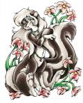 black_body black_fur female flower fur hair heart_symbol navel nude plant solo white_hair kim_arndt mammal mammal_taur mephitid mephitid_taur skunk skunk_taur striped_skunk taur