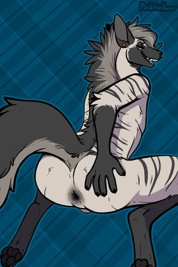 anthro anus balls black_body black_fur blue_eyes butt ear_piercing ear_stud facial_piercing fur genitals grey_body grey_fur looking_at_viewer looking_back looking_back_at_viewer male male_anthro nose_piercing nose_ring nude nude_anthro nude_male open_mouth open_smile pawpads piercing presenting presenting_anus presenting_hindquarters raised_tail ring_piercing smile solo striped_body striped_fur stripes tail teeth meldritchhorror hyena mammal striped_hyena 2020 2:3 hi_res