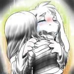 anthro bodily_fluids clothed clothing crying duo eyes_closed fur hair hug long_ears long_hair male open_mouth sad tears text the_feels yuniwolfsky undertale undertale_(series) asriel_dreemurr frisk_(undertale) boss_monster_(undertale) bovid caprine goat human mammal 1:1 2015 english_text hi_res