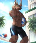 2018 abs antlers ball blush brown_body brown_fur bulge clothed clothing deer fur green_eyes hand_on_head hi_res horn looking_at_viewer low-angle_view male mammal muscular muscular_male navel outside palm_tree plant signature skintight_clothing smile solo swimming_pool swimwear tight_clothing topless tree unrealplace water