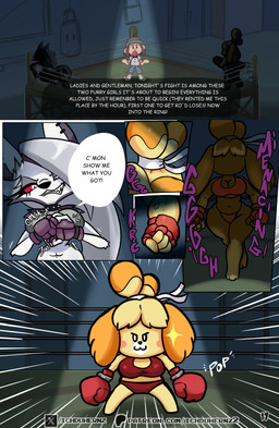 anthro biped boxing_gloves breasts clothed clothing detailed_background dialogue eyelashes female grey_hair group hair handwear inside male pupils red_clothing smile sound_effects speech_bubble text thick_thighs trio wide_hips yellow_body ichduhernz animal_crossing hellaverse helluva_boss mythology nintendo isabelle_(animal_crossing) loona_(helluva_boss) canid canid_demon canine canis demon domestic_dog hellhound human mammal mythological_canine mythological_creature shih_tzu toy_dog 2025 absurd_res english_text hi_res