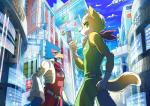 anthro avian belt bird black_nose brown_body brown_fur building canid canine city clothing cloud detailed_background duo english_text falco_lombardi fingerless_gloves fox fox_mccloud fur gloves handwear hi_res jacket japanese_text kiiko male mammal nintendo open_mouth scarf star_fox text topwear white_body white_fur