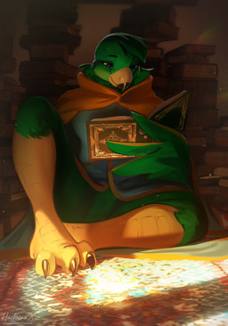 anthro beak biped book claws clothed clothed_anthro clothed_male clothing feet fingers front_view hair inside male sitting smile solo tail toes hackainax avian bird 2026 absurd_res digital_drawing_(artwork) digital_media_(artwork) hi_res